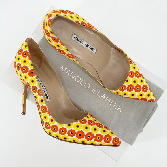 Manolo Blahnik Yellow Orange Floral Cotton BB Pointed Toe Stiletto Heels IT 37.5 - Picture 1 of 13